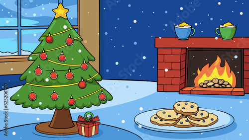 December The holiday season is in full swing in this illustration. A tall evergreen tree is decorated with ling lights and ornaments standing in front. Cartoon Vector.