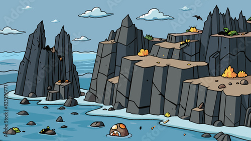 Dark jagged cliffs rise up from the turbulent sea their rocky faces weathered and worn from centuries of crashing waves. Along the base of the cliffs. Cartoon Vector.