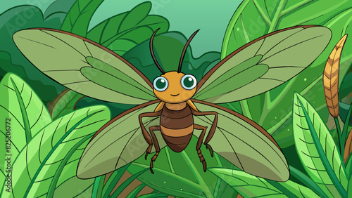 Deep in the rainforest there is a species of insect that has evolved to blend seamlessly into its surroundings. Its body is a mix of greens and browns. Cartoon Vector.