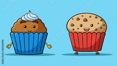 Examining a cupcake and a muffin you can compare the texture of their tops one is flat and smooth while the other is domed and crumbly.. Cartoon Vector.