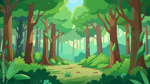 Enchanted Forest A dense canopy of emerald green trees their leaves rustling gently in the wind. Sunlight filters through the branches casting dappled. Cartoon Vector.