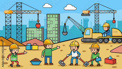 Follow the blueprints to a bustling construction site. The air is filled with the sounds of drilling and hammering and large cranes and bulldozers can. Cartoon Vector.