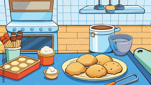 Follow the scent of freshly baked cookies to the kitchen. The oven is still warm and the countertops are covered in flour and sugar. A mixing bowl and. Cartoon Vector.