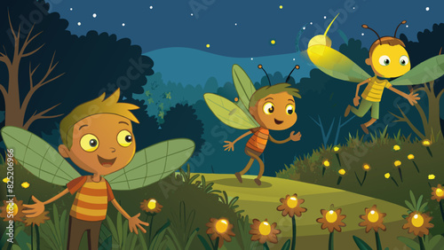 Fireflies lit up the warm summer nights ling like stars in the dark inviting children to chase them with their soft glow.. Cartoon Vector.