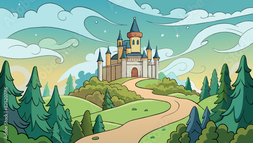 From afar the castle atop the hill appeared almost mystical surrounded by swirling mist and towering trees. As she approached the intricate details of. Cartoon Vector.