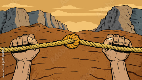 Grasping a sy rope the co texture rough against your palms as you grip tightly to support yourself on a rocky cliff.. Cartoon Vector.