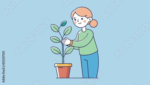 Holding a small plant in your palm marveling at the delicate thin stems and soft velvety leaves as you carefully tend to it.. Cartoon Vector.