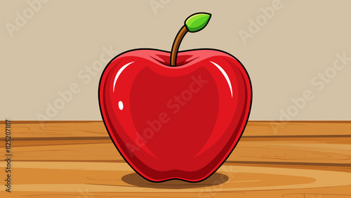 Illustration 4 A shiny red apple sitting on a wooden table. The apple has a smooth surface with a slightly rough stem at the top. The color is deep. Cartoon Vector.