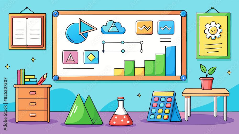 In a classroom there is a whiteboard with colorful markers on a tray beside it. The board has math equations drawn on it and is surrounded by posters. Cartoon Vector. In a classroom there is a whiteboard with colorful markers on a tray beside it. The board has math equations drawn on it and is surrounded by posters. Cartoon Vector.