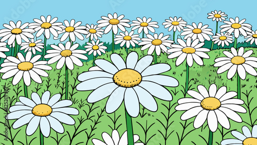 In a field of daisies the majority of the flowers were white but there were a few patches of yellow and pink tered throughout.. Cartoon Vector.
