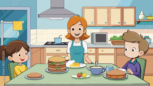 In a cozy suburban neighborhood a mother prepares breakfast for her family filling the kitchen with the sweet smell of pancakes and maple syrup. Her. Cartoon Vector.