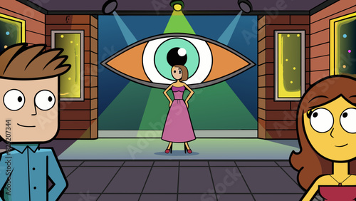 In a dimly lit room a hazel eye shines with mischief as it watches a couple dancing the colors shifting and blending with each flicker of the strobe. Cartoon Vector.