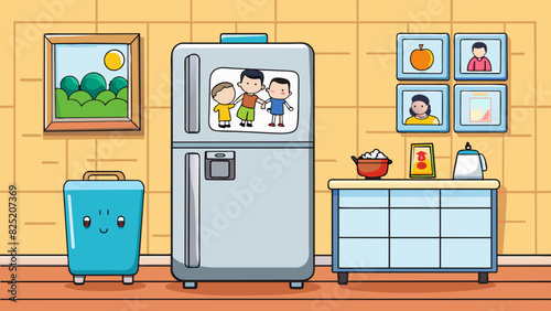 In a kitchen there is a shiny silver refrigerator with a water dispenser on the front. It has a magnetic calendar and family photos stuck to the door.. Cartoon Vector.