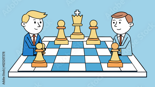 In a game of chess both players have six pawns lined up on either side of the board. The sides of these pawns are rectangular and tall with a pointed. Cartoon Vector.