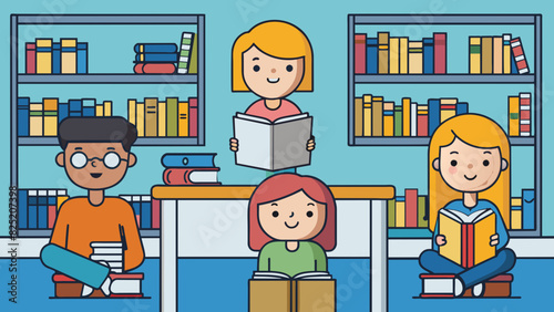 In a library people speak quietly and refrain from disruptive behavior out of consideration for others who are studying and reading.. Cartoon Vector.