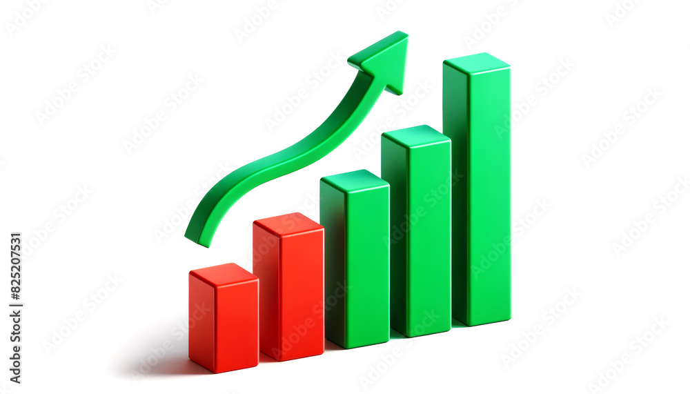 3D bar chart with ascending green bars and descending red bars. Green upward arrow indicating growth. Isolated on a white background. Concept of business growth, financial success, and market analysis 3D bar chart with ascending green bars and descending red bars. Green upward arrow indicating growth. Isolated on a white background. Concept of business growth, financial success, and market analysis