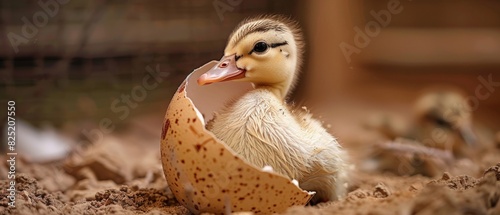 A cute duckling hatching from its egg. photo