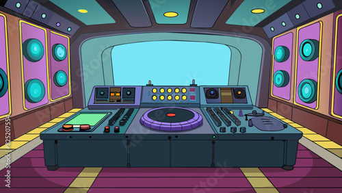 Inside the club there is a long sleek DJ booth with flashing LED lights and a powerful sound system. The DJ is surrounded by a multitude of buttons s. Cartoon Vector.