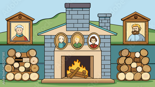 In the 17th century people would gather around a large fireplace in their homes to stay warm. The fireplace was made of stone and had a tall mantle. Cartoon Vector.
