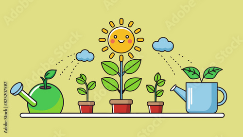 In order to maintain a healthy plant it needs to be watered and given appropriate amounts of sunlight and nutrients each day.. Cartoon Vector.