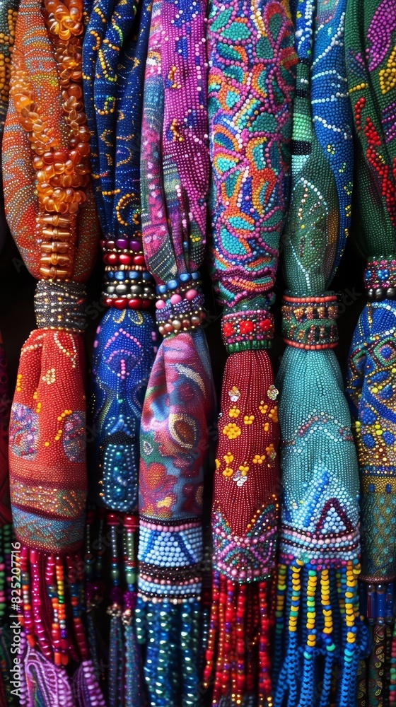 custom made wallpaper toronto digitalVibrant colors and patterns highlight the artistic display of beaded scarves, with a focus on texture and handcrafted quality.
