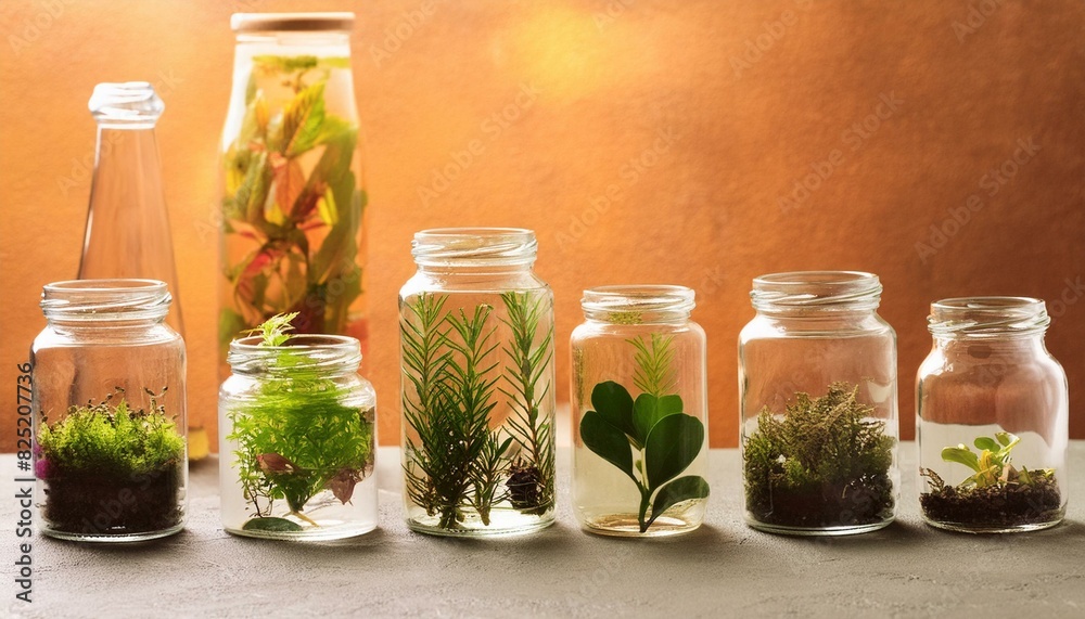 A variety of herbs and plants in glass jars A variety of herbs and plants in glass jars