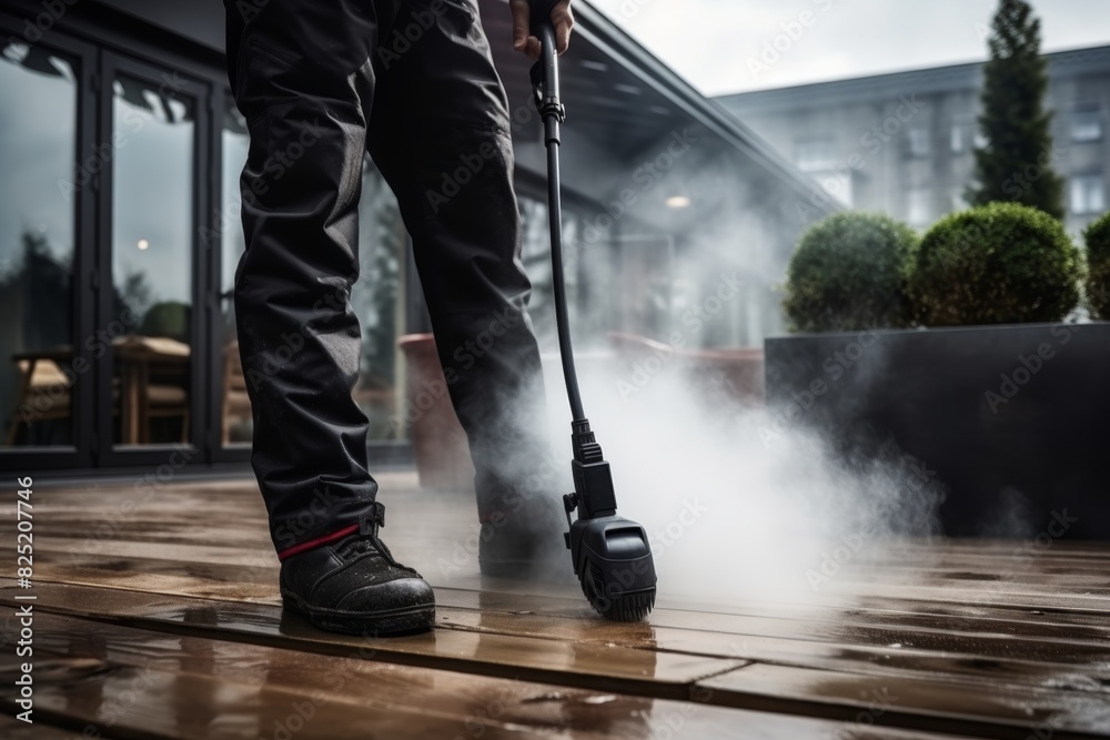Obraz premium Man cleaning wooden terrace floor with high pressure cleaner for thorough maintenance