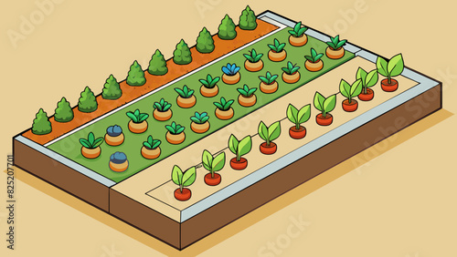 In the fourth illustration there is a small garden with rows of neatly planted vegetables. This represents the act of saving money by growing ones own. Cartoon Vector.