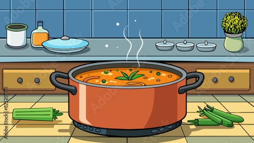 In the kitchen a pot sits on the stove filled with simmering vegetable soup. The aroma of herbs and es fills the air making mouths water in. Cartoon Vector.