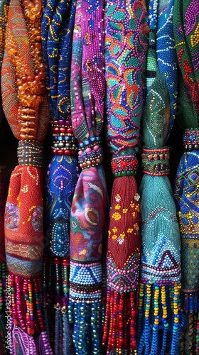 Vibrant colors and patterns highlight the artistic display of beaded scarves, with a focus on texture and handcrafted quality.