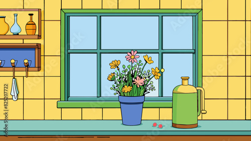 In the kitchen there is a green vase p on the left side of the windowsill. The vase is filled with a bouquet of wildflowers their delicate petals. Cartoon Vector.