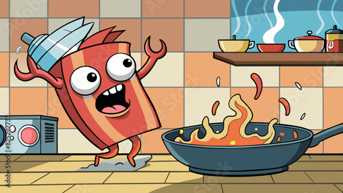 In the kitchen you hear the sizzling of bacon in a hot pan. The aroma of the cooking meat fills the room and your stomach starts to growl in. Cartoon Vector.