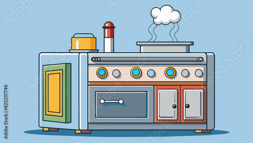 In the kitchen there was a large metallic appliance that had a rectangular shape and several s and buttons on the front. Steam was billowing out from. Cartoon Vector.
