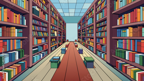 In the institutions library rows of towering bookshelves stretched from floor to ceiling. The shelves were filled with books of all sizes and colors. Cartoon Vector.