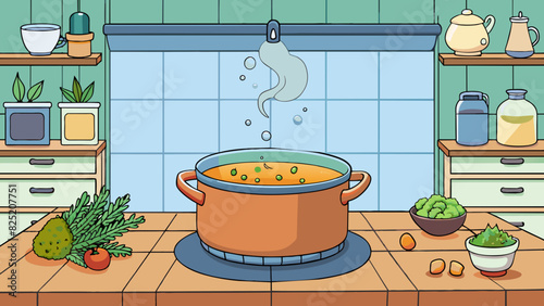 In the kitchen a pot of fragrant soup bubbles on the stove filling the room with the aroma of herbs and es. The steam rising from the pot dances in. Cartoon Vector.