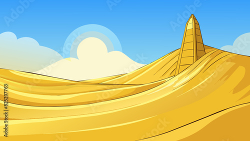 In the middle of a vast desert far from civilization stands a towering sand dune. The sun beats down mercilessly on the golden sands creating a. Cartoon Vector.