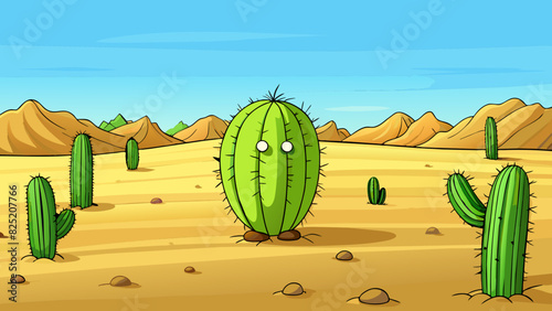 In the middle of the vast desert a lonely cactus stands tall and proud its round plump body covered in sharp needles as a form of protection.. Cartoon Vector.