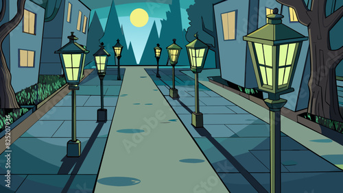 Later is when the streetlamps turn on illuminating the darkening streets. The light casts elongated shadows of trees and buildings on the ground. Cartoon Vector.