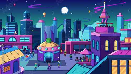 Later is when the busy city slows down and the hustle and bustle comes to a halt. The neon lights of buildings and billboards start to flicker on. Cartoon Vector.