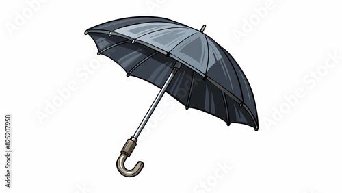 Let is a sleek black umbrella with a sy metal frame and a smooth waterresistant fabric. It has a convenient pushbutton to open and close and a curved. Cartoon Vector.