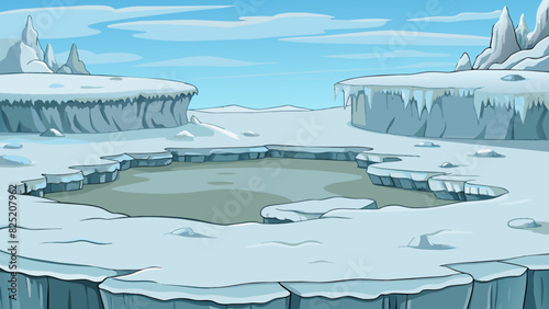 Level 9 A frozen tundra with white snow stretching as far as the eye can see. Ice formations jut out of the ground and the sky is a pale gray giving. Cartoon Vector.