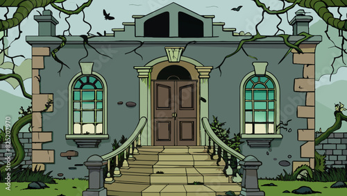 Level 3 A creepy abandoned mansion with broken windows and overgrown vines creeping up the walls. The front door is rusted and creaks ominously in the. Cartoon Vector.