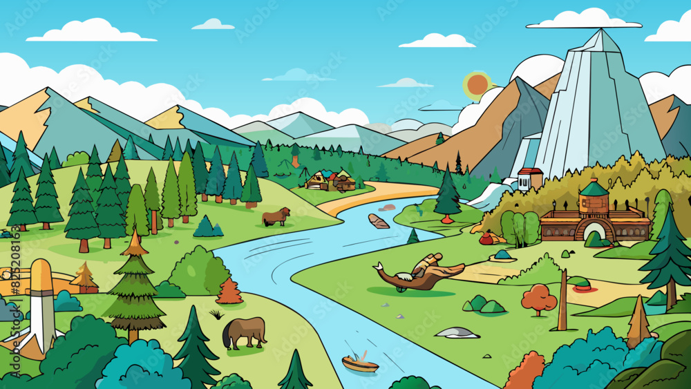 National Park A vast expanse of land filled with towering trees diverse wildlife and stunning scenery. It is preserved and protected by the government. Cartoon Vector.
