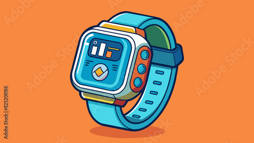Next is a futuristic watch with a digital display and touch screen interface. It has a durable waterproof casing and can track fitness and health. Cartoon Vector.