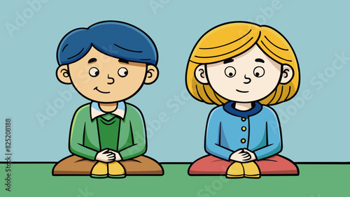 Nodding in unison Two people sitting across from each other both nodding their heads up and down at the same time. This nonverbal cue signifies that. Cartoon Vector.
