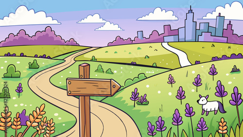 On the side of the path a sign pointed away from the bustling city towards a quiet meadow tempting passersby with its lavenderscented fields and. Cartoon Vector.