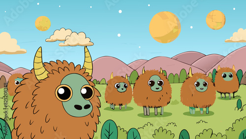 On the plains of a faroff planet a herd of creatures graze on the sp vegetation. These furry fourlegged species have horns that curl gracefully. Cartoon Vector.