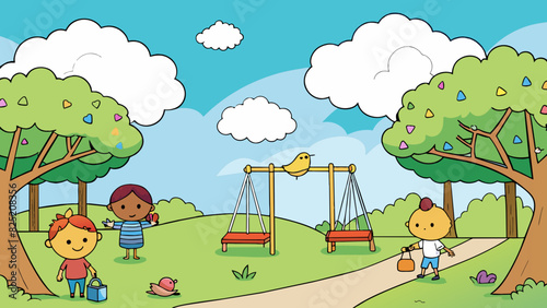 On the third day a blanket of fluffy white clouds covered the sky casting a soft light over the peaceful park. Children played on the swings and birds. Cartoon Vector.