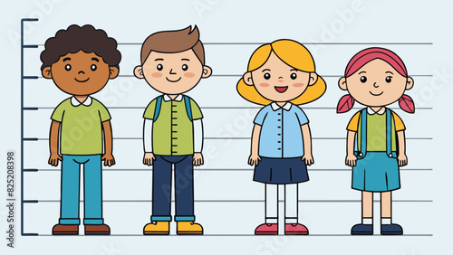 Picture a group of students lined up in height order. The mean height would be represented by the student in the exact middle with an equal number of. Cartoon Vector.