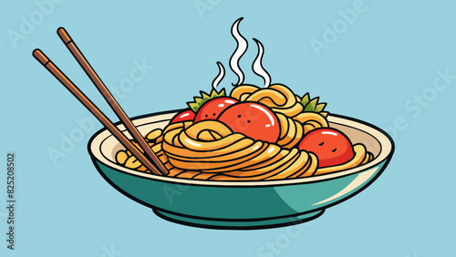 plate of steaming hot noodles with a pair of chopsticks balanced on top. The noodles are long and thin coated in a savory sauce and mixed with. Cartoon Vector.